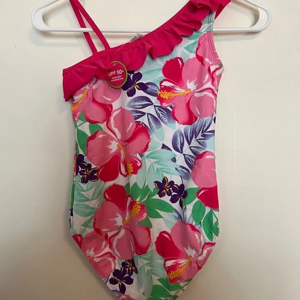 Floral Kids Swimwear with Ruffle - Pink and Green